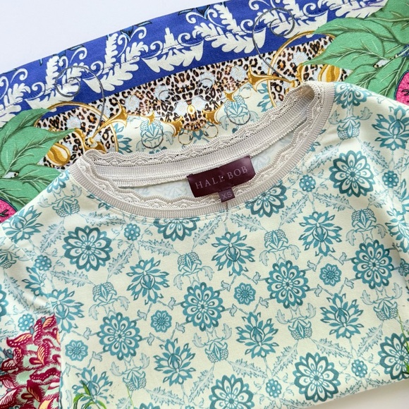 Haley Bob Floral Multicolor Print Stretch Viscose Jersey Tee XS - Picture 2 of 10
